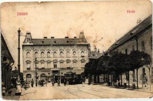 Budapest III. Óbuda, Fő tér, villamos, Takarékpénztár, Reb Károly üzlete (b)