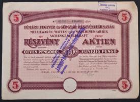 Budapest 1935. "Fémáru-, Fegyver- és Gépgyár Részvénytársaság" 5 részvénye egyben, egyenként 50P-ről, német és magyar nyelven, bélyegzésekkel, szelvényekkel T:II-