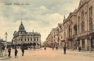 Szeged, Fekete Sas utca, Markovics Lajos üzlete, villamos