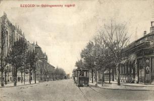 Szeged, Boldogasszony sugárút, villamos, Kopasz József üzlete (ázott sarok / wet corner)