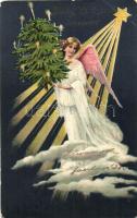 Christmas, angel with Christmas tree, Emb. litho (EK)