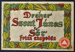 cca 1930 Dreher Szent János sör, litho plakát kartonra kasírozva, kissé viseltes szélekkel, 24x34cm