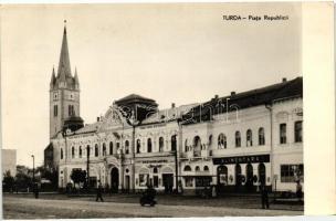 Torda, Turda; Köztársaság tér, Néptanács, üzletek / square, town hall, shops, modern postcard