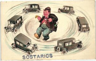 Drunk man with automobiles, humour, W.S.S.B. 1268. litho (Sostarics Lajos gyűjteményéből)