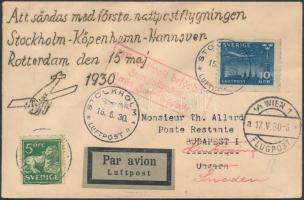 1930 Első éjszakai repülés légi levél Stockholm-Koppenhága-Berlin-Bécs-Budapest