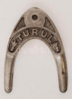 Patkó alakú bútordísz?, "Turul" felirattal, cinezett réz,  14×10 cm