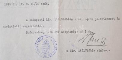 1915 Balogh Jenő (1864-1953) magyar jogász, politikus, miniszter saját kezű aláírása a magyar kir. i...