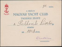1928 a Királyi Magyar Yacht Club tagsági jegye Palkovich László (1877-1933) Komárom-Esztergom k. e. e. vármegyék alispánja részére