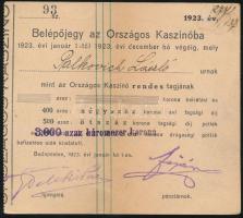 1923 belépőjegy az Országos Kaszinóba, Palkovich László (1877-1933) Komárom-Esztergom k. e. e. vármegyék alispánja részére kiállítva