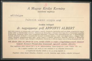 1933 Gyászjelentés és temetési értesítő Apponyi Albert gróf haláláról, Palkovich László (1877-1933) Komárom-Esztergom k. e. e. vármegyék alispánja részére megküldve