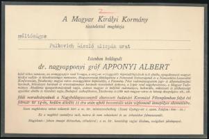 1933 Gyászjelentés és temetési értesítő Apponyi Albert gróf haláláról, Palkovich László (1877-1933) Komárom-Esztergom k. e. e. vármegyék alispánja részére megküldve