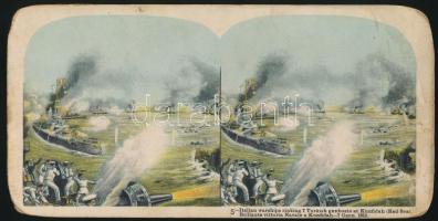 1912 Olasz hadihajó elsüllyeszt 7 török monitorhajót, sztereokép, feliratozva, 9x17 cm / Italian warship sinking 7 Turkish gunboats, 9x17 cm