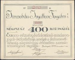 Budapest 1919. "Az Immobilia Ingatlan Forgalmi Részvénytársaság" részvénye 400K-ról szelvé...