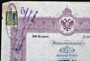 Ausztria / Bécs 1897. "3 1/2%-os Állami Nyugdíjkötvény" kötvény 200K-ról bélyegzésekkel T:...