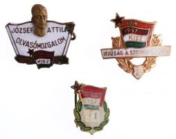 3db-os szocialista jelvény tétel: "József Attila olvasómozgalom - KISZ" zománcozott fém jelvény (21,5x22,5mm) + "1919-1957 KISZ - Ifjúság a szocializmusért"  zománcozott fém jelvény (23,5x21,5mm) + "KISZ 10" zománcozott fém jelvény (14,5x17,5mm) T: 2 egyiken zománchiba, egyik hajlott
