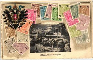 Abbazia, Kleiner Hafenplatz, coat of arms, stamps, Ottmar Zieher Philatelie-Ansichtskarte No. 222744., Emb., litho (pinhole)