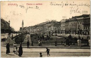 Eperjes, Presov; Fő utca, park, Divald Károly fia / main street, park