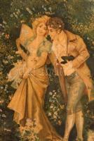 Szerelmesek, nyomat részben festett, fa, 44×18 cm