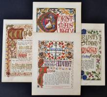 cca 1910-1930 Vallási témájú nyomtatott lapok, részben kézzel kifestve, gazdagon díszített inciálékk...