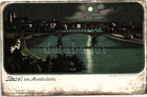 Basel im Mondschein / night, Gebr. Metz Kunstverlags-Anstalt litho (EB)