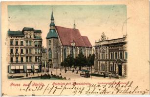 Görlitz, Postplatz, Frauenkirche, Manufacturwaaren und Leinen Eduard Schultze / square, church, tram, shop (fa)