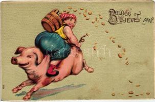 New Year, woman riding a pig, money, Emb. litho (EK)