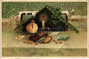 New Year, clover, clock, Emb. litho (EK)