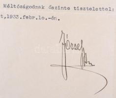 1933 József főherceg magyar nyelvű gépelt levele Palkovics László (1877-1933) Komárom-Esztergom k. e...