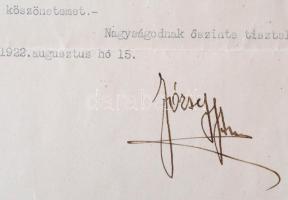 1922 József főherceg magyar nyelvű gépelt levele Palkovics László (1877-1933) Komárom-Esztergom k. e...