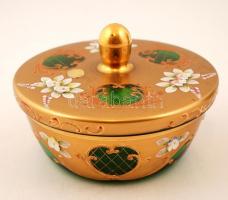 Bohémia váza és bonbonier, kézzel festett plasztikus szirmokkal, hibátlan, m:25 cm, d:16 cm