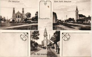 Kisújszállás, Zsinagóga, katolikus és református templomok; kiadja Záhony Lajos