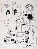 Szántó jelzéssel: Városi forgatag. Tus, papír, 20×16 cm