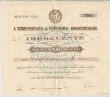 Székesfehérvár 1932. &quot;A Székesfehérvári és Fejérmegyei Takarékpénztár&quot; részvénye 40P-ről, szelvények nélkül T:II