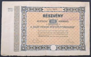 Budapest 1910. Saját Otthon Részvénytársaság részvénye 200K, szelvényekkel, felülbélyegzéssel T:III ragasztott