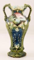 Szecessziós fajansz váza, kézzel festett, javítással a tetején, m: 22 cm