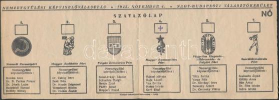 1945 Felhasznált szavazólap a nov. 4.-i választásokra 7 párt jelöltjeivel