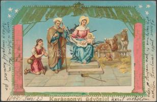 Jézus születése, Karácsonyi térhatású dekorált képeslap / Birth of Jesus, Christmas dimensional litho postcard (EK)