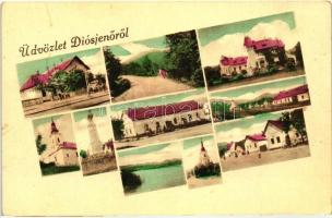 4 db főleg RÉGI használatlan magyar városképes lap; 3 db Diósjenő és egy modern Visegrád térkép / 4 ...