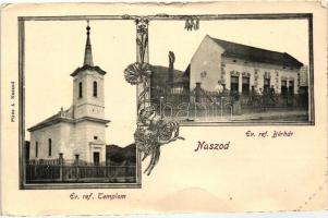 Naszód, Nasaud; Evangélikus református templom és bérház, kiadja Piros A. / church and tenement house, floral (b)
