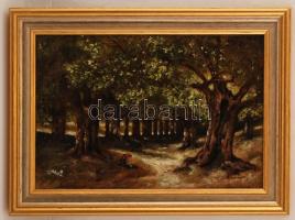 Olvashatatlan jelzéssel: Asszony az erdei úton. Olaj, vászon, keretben, 30×43 cm