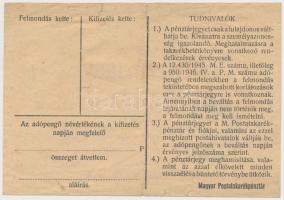 1946. 100.000AP nem kamatozó Pénztárjegy "Másra Át Nem Ruházható", "Magyar Királyi Po...