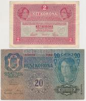 1913. 20K + 1917. 2K mindkettő Deutschösterreich felülbélyegzéssel és hamis A Magyarországi Tanácsköztársaság követsége - Bécs bélyegzésekkel (fake overprint) T:III