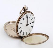 Ezüst(Ag) zsebóra, kulccsal, működik, jelzett, gravírozással, d: 3,5 cm, bruttó: 36,1 g
