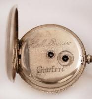 Ezüst(Ag) zsebóra, kulccsal, működik, jelzett, gravírozással, d: 3,5 cm, bruttó: 36,1 g