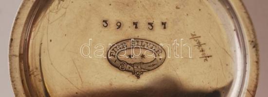 Ezüst(Ag) zsebóra, kulccsal, működik, jelzett, gravírozással, d: 3,5 cm, bruttó: 36,1 g