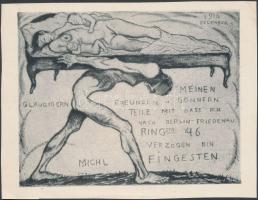 Michel Fingesten (1884-1943): Verzogen ex libris. rézkarc, papír, jelzett a klisén, apró gyűrödéssel, 9×11 cm