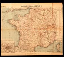 cca 1915 A francia háború térképe, 1:2750000, a hajtások mentén szakadásokkal, 53×41 cm