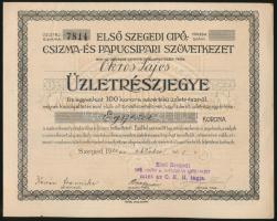 Szeged 1921. Első Szegedi Cipő-, Csizma- és Papucsipari Szövetkezet üzletrészjegye 1000K-ról, szelvényekkel, felülbélyegzéssel T:I-