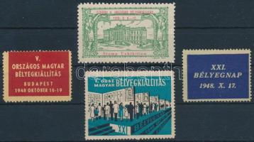 1929-1948 II. Szegedi Országos Bélyegkiállítás + V. Országos Magyar Bélyegkiállítás + XXI. Bélyegnap, 4 db klf levélzáró