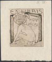 Rudolf Keller (1890-?): Erotikus ex libris Rudolf Keller. Rézkarc, papír, jelzett a karcon, 7×6 cm